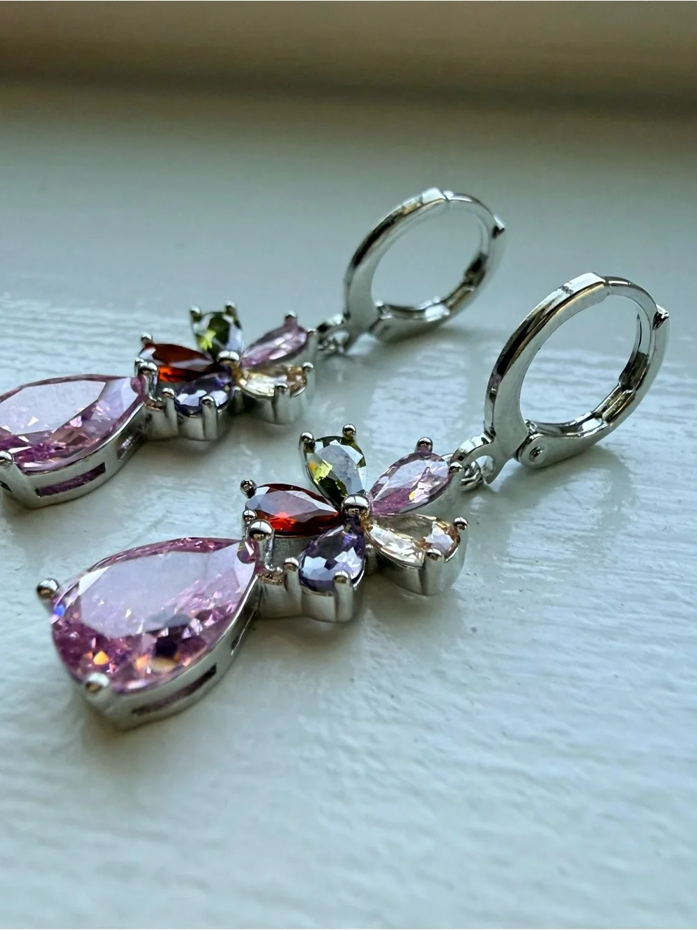 NEW!! Multi-Color Flower Drop Earrings with Pink Teardrop Gem